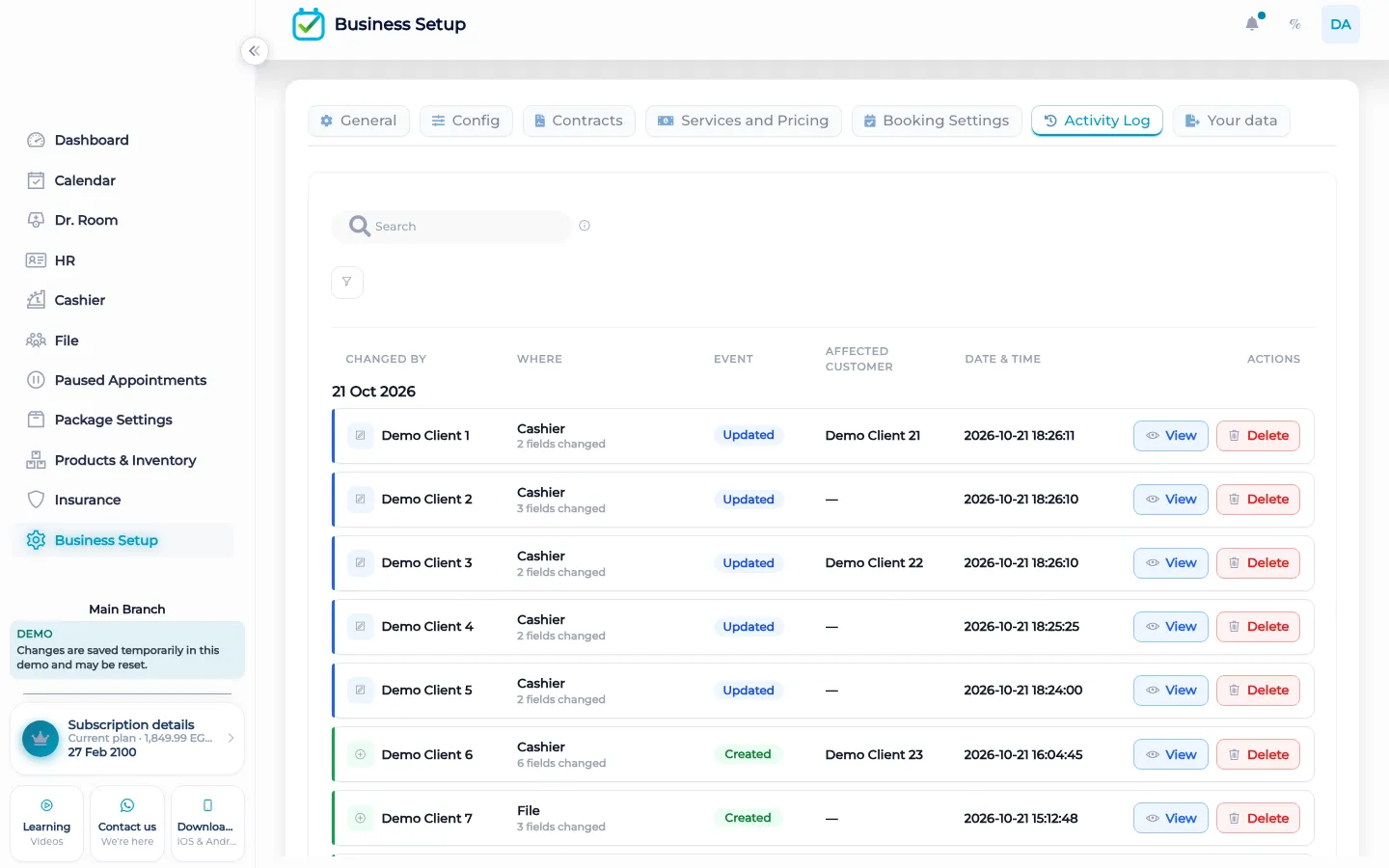 Activity log filters for user, event type, and category