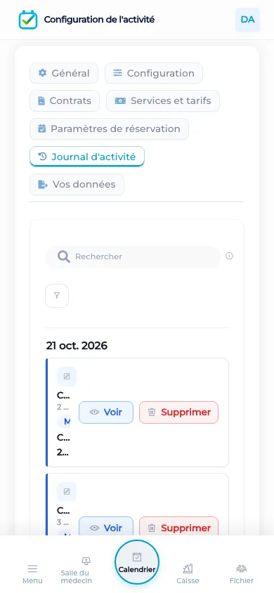 Journal d’activité sur un écran de téléphone