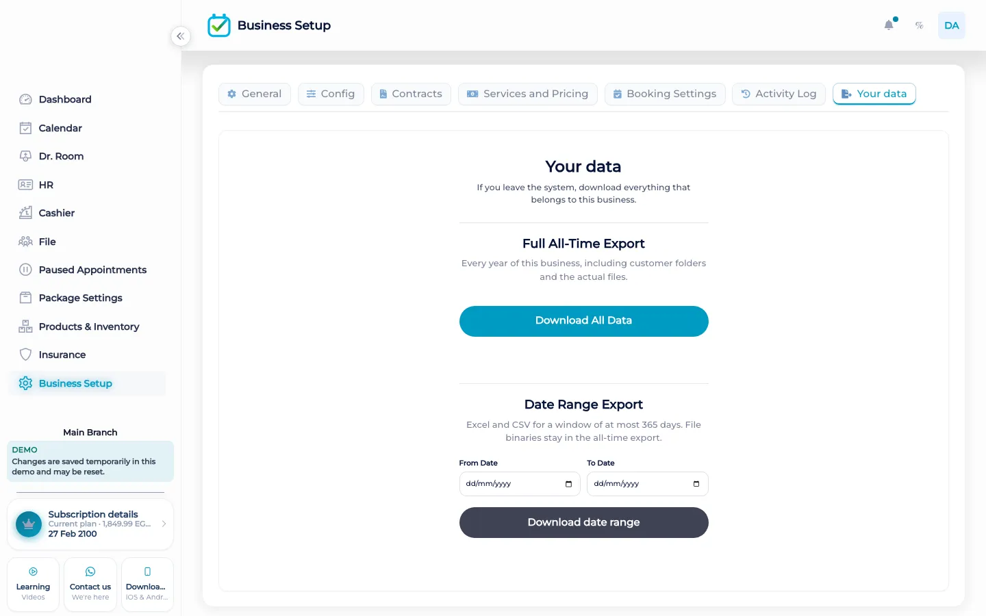 Your data export in BOC settings