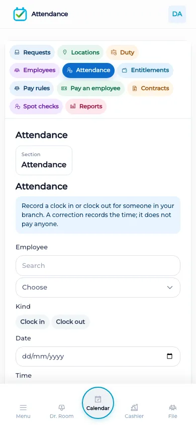 BOC attendance correction on a phone-sized screen