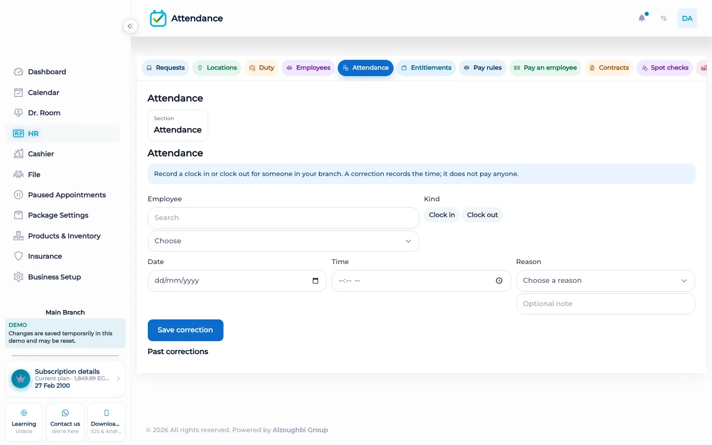 HR attendance corrections in the BOC web workspace