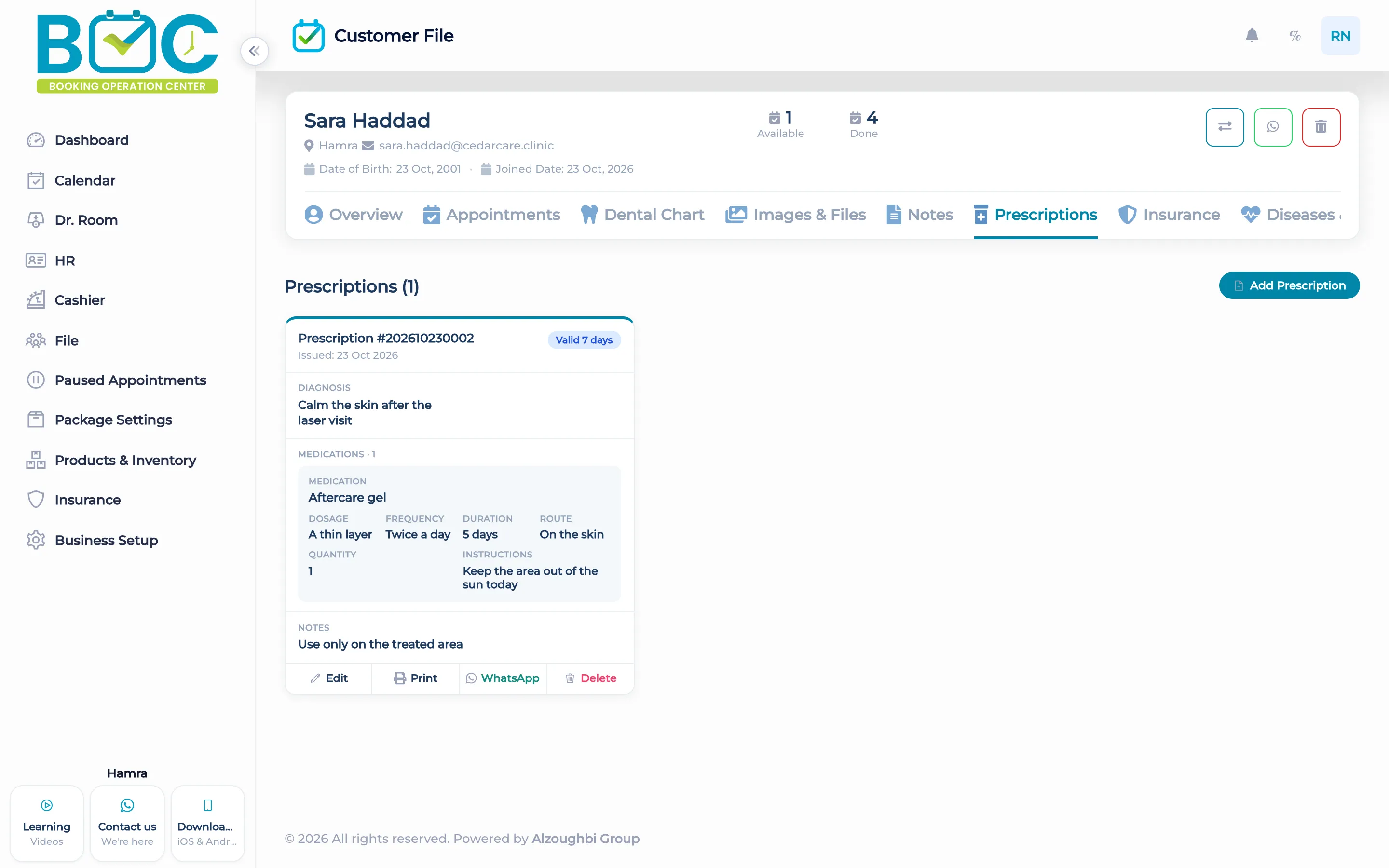 Prescription on the client file