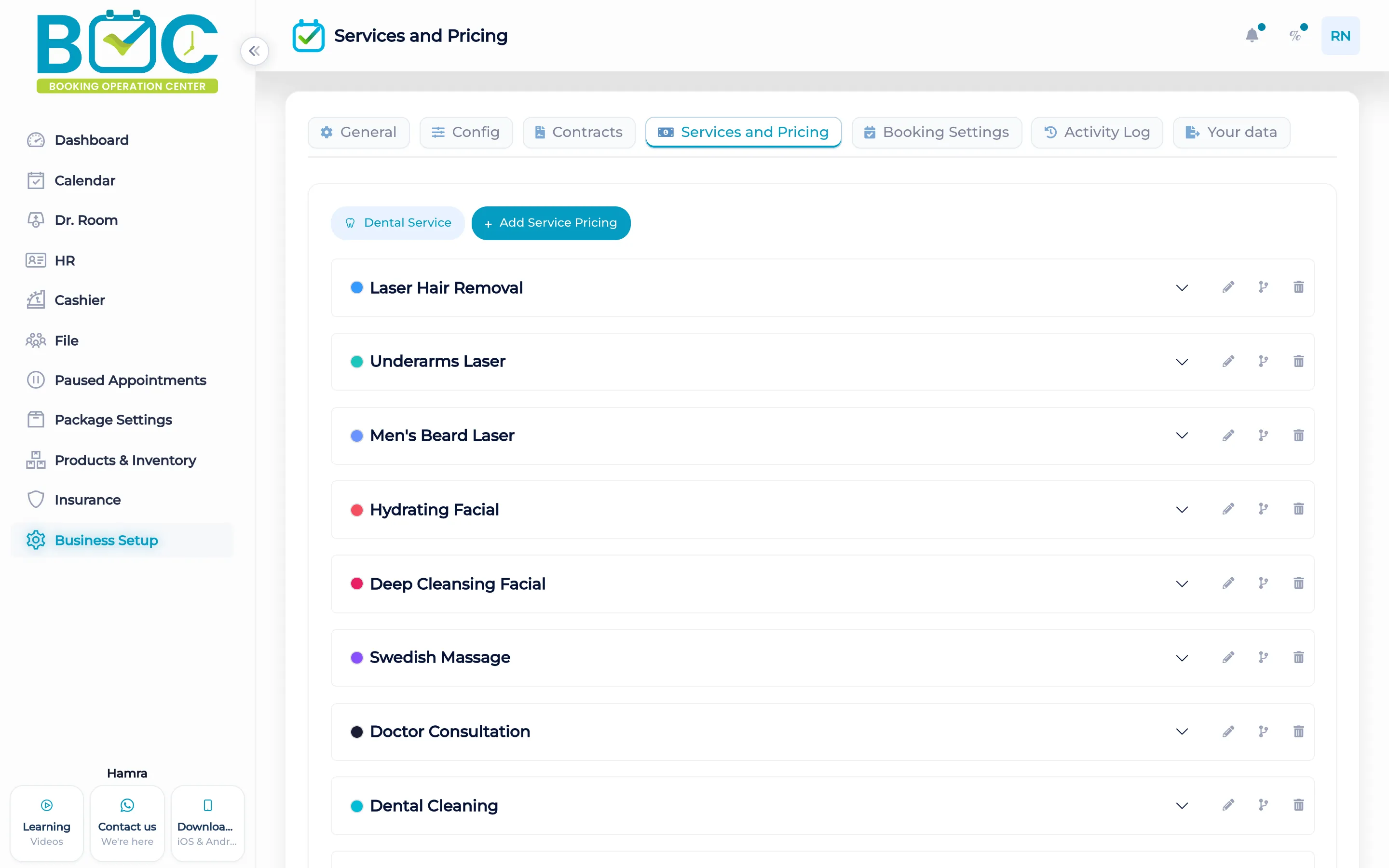 Service list with colors