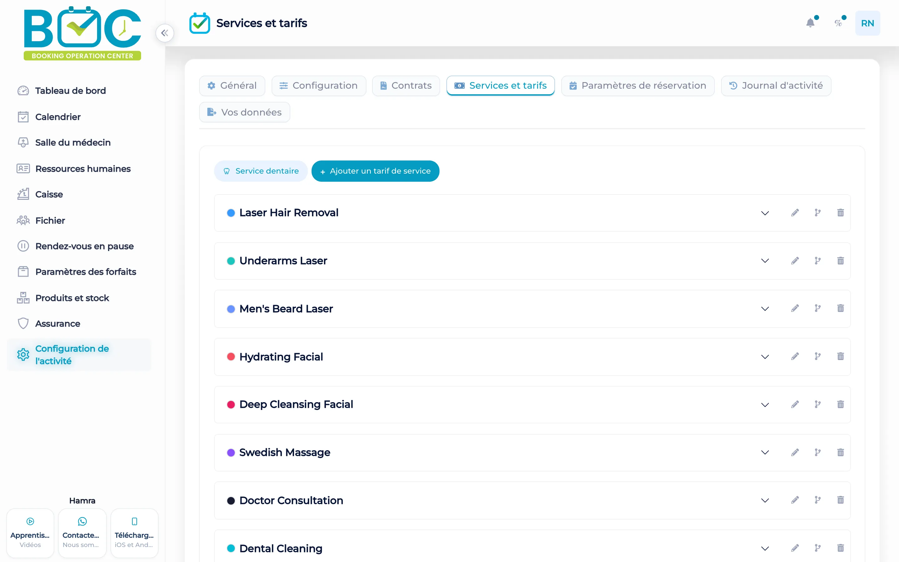 Liste des services et couleurs